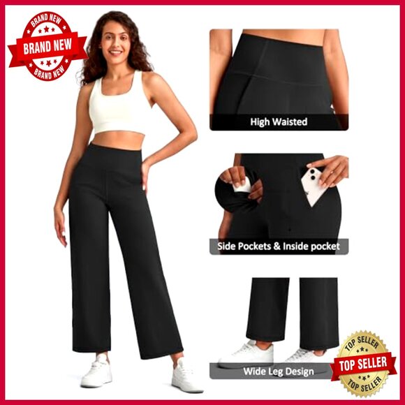 High Waist Wide Leg Yoga Pants with Pockets - Soft Stretch Ankle Length - Picture 3 of 7